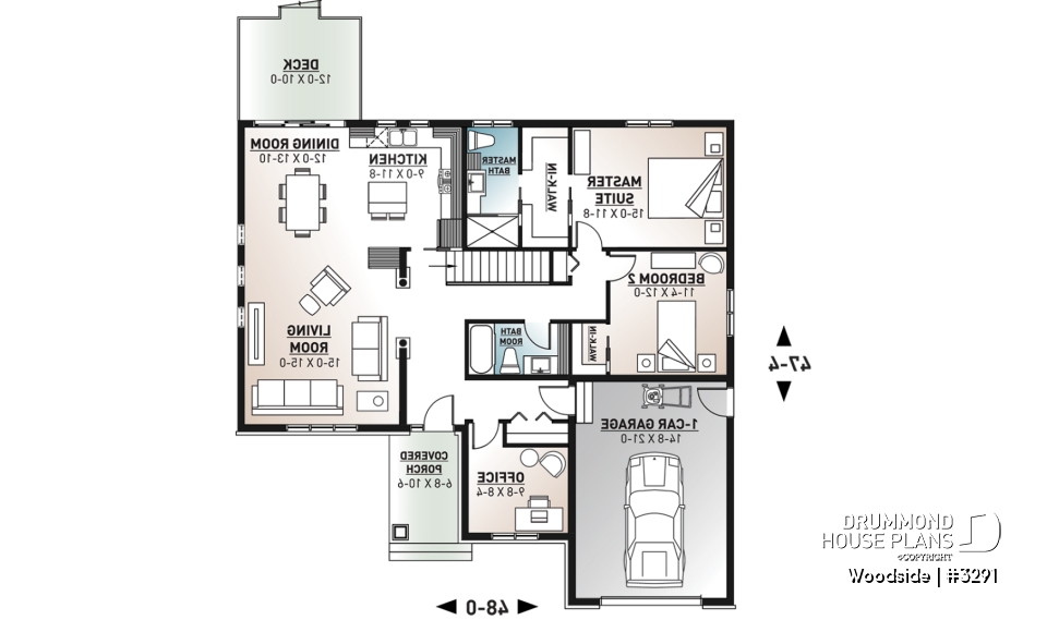 1st level - One-story northwest style house plan with 3 bedrooms ou 2 beds + home office, 2 full bath, cathedral ceiling - Woodside