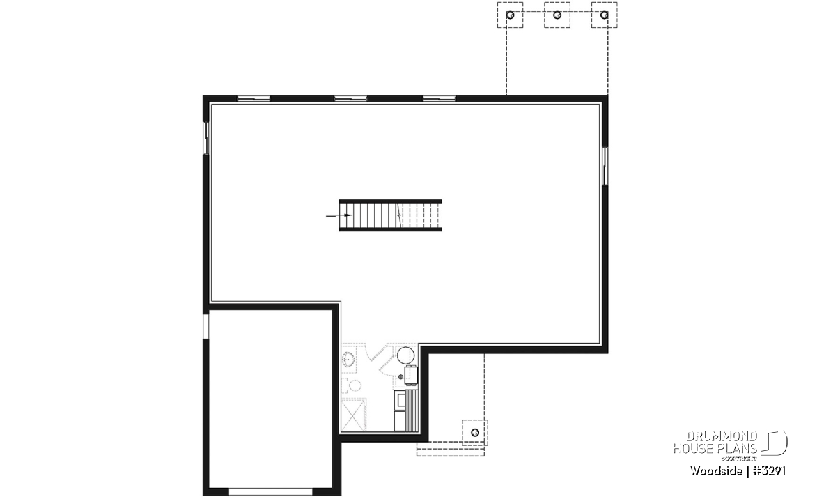 Basement - One-story northwest style house plan with 3 bedrooms ou 2 beds + home office, 2 full bath, cathedral ceiling - Woodside