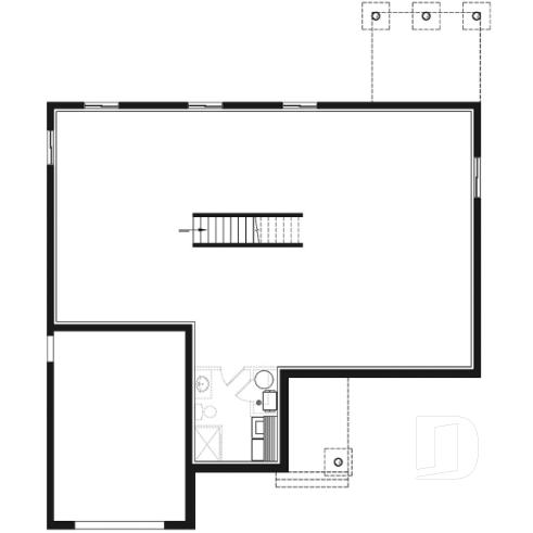 Basement - One-story northwest style house plan with 3 bedrooms ou 2 beds + home office, 2 full bath, cathedral ceiling - Woodside