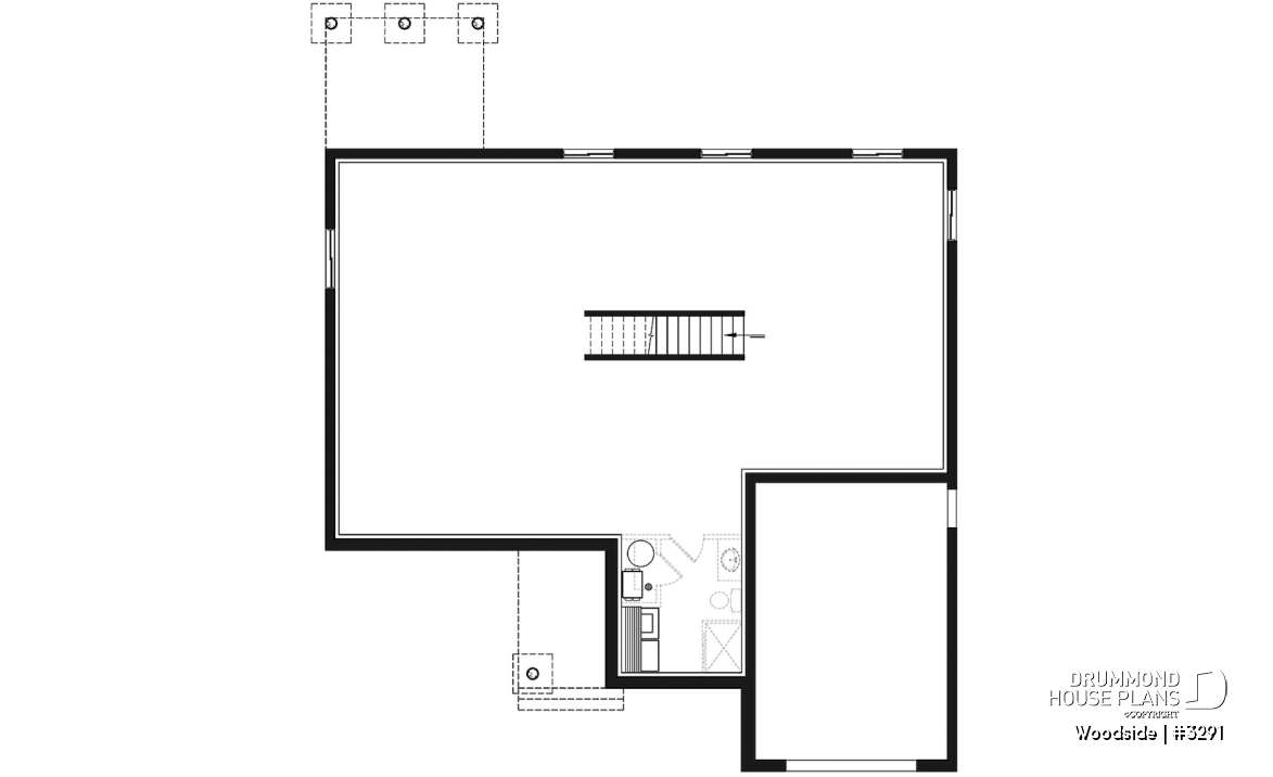 Basement - One-story northwest style house plan with 3 bedrooms ou 2 beds + home office, 2 full bath, cathedral ceiling - Woodside