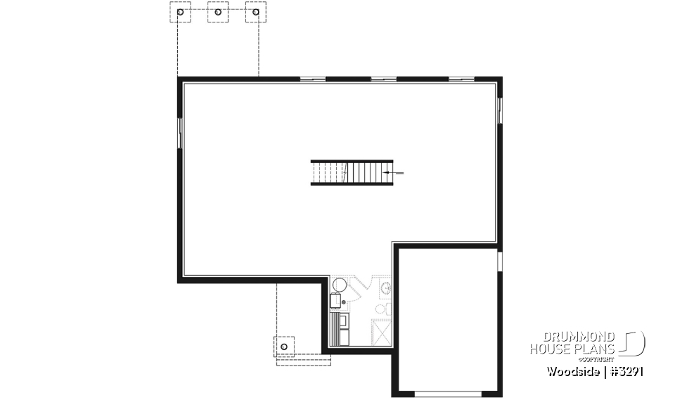 Basement - One-story northwest style house plan with 3 bedrooms ou 2 beds + home office, 2 full bath, cathedral ceiling - Woodside