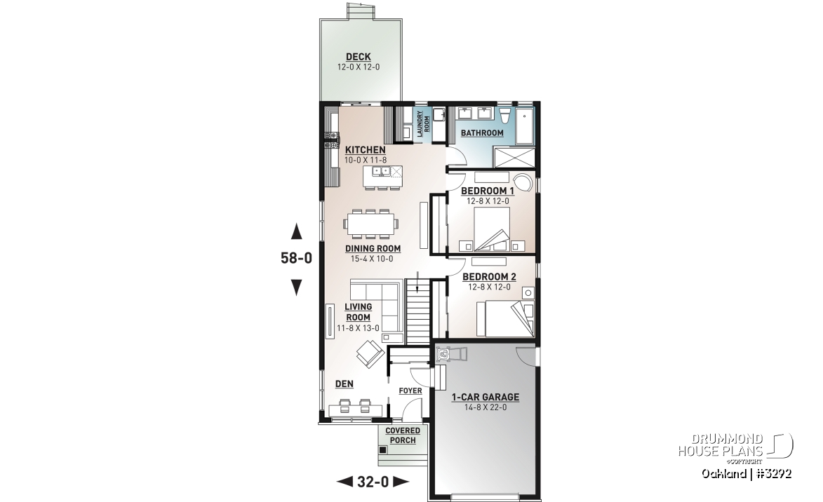 1st level - Ideal narrow lot house plan, 2 bedrooms, garage, large family room, play area or computer corner, laundry room - Oakland