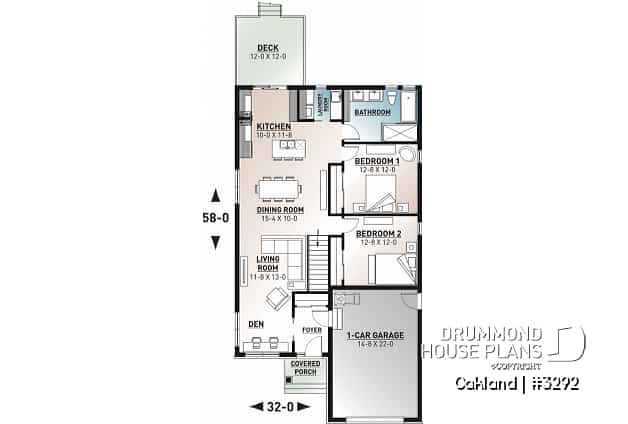 1st level - Ideal narrow lot house plan, 2 bedrooms, garage, large family room, play area or computer corner, laundry room - Oakland