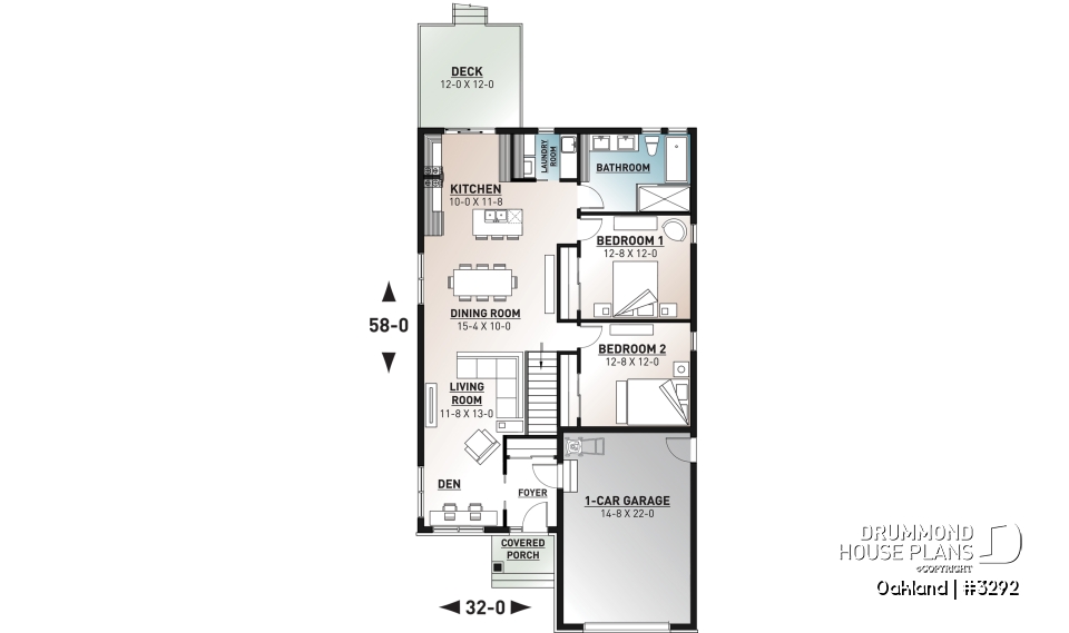 1st level - Ideal narrow lot house plan, 2 bedrooms, garage, large family room, play area or computer corner, laundry room - Oakland
