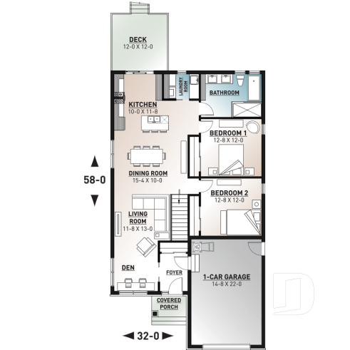 1st level - Ideal narrow lot house plan, 2 bedrooms, garage, large family room, play area or computer corner, laundry room - Oakland