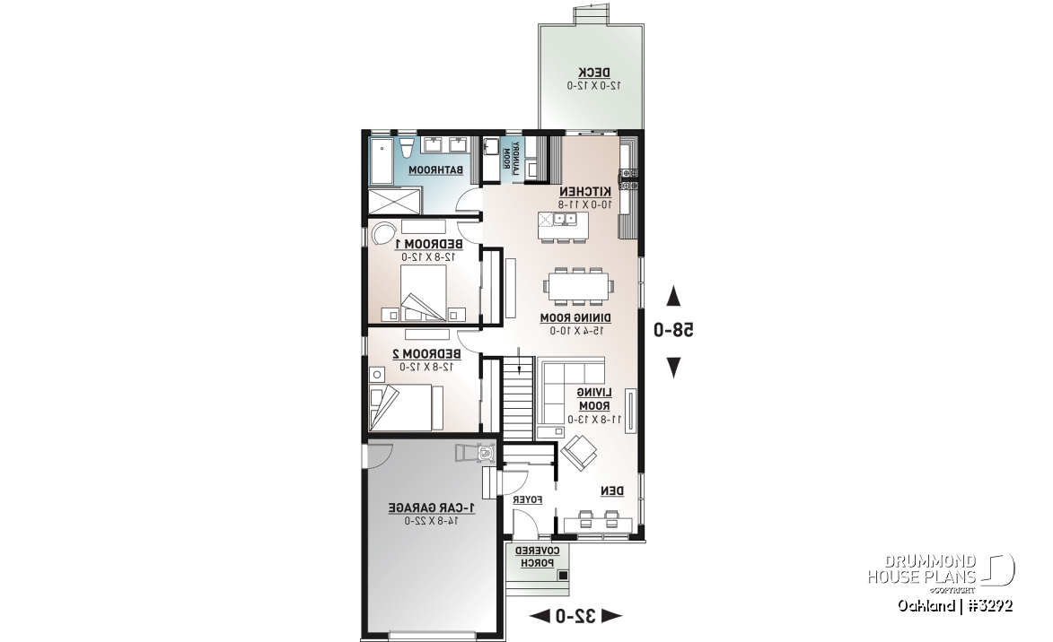 1st level - Ideal narrow lot house plan, 2 bedrooms, garage, large family room, play area or computer corner, laundry room - Oakland
