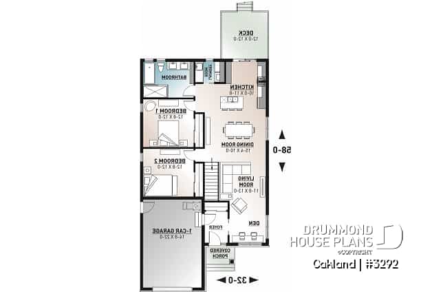 1st level - Ideal narrow lot house plan, 2 bedrooms, garage, large family room, play area or computer corner, laundry room - Oakland