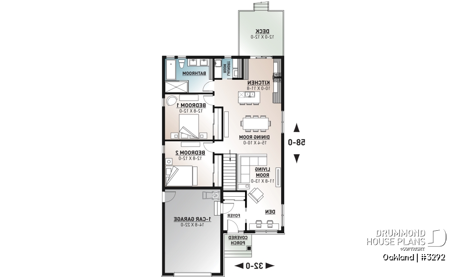 1st level - Ideal narrow lot house plan, 2 bedrooms, garage, large family room, play area or computer corner, laundry room - Oakland