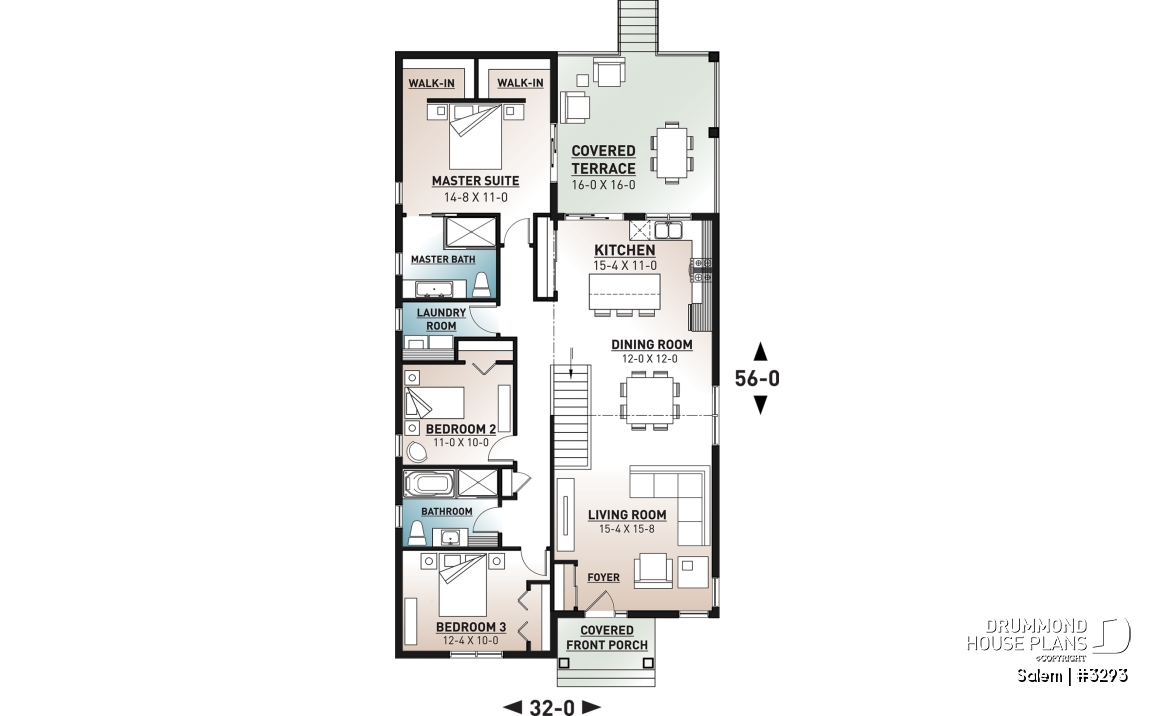1st level - House plan for narrow lot, covered rear balcony, master suite + 2 secondary bedrooms with full bath, cathedral - Salem
