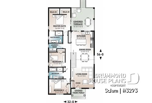 1st level - House plan for narrow lot, covered rear balcony, master suite + 2 secondary bedrooms with full bath, cathedral - Salem