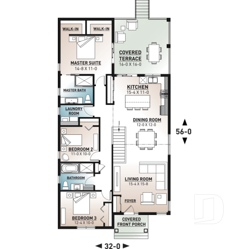 1st level - House plan for narrow lot, covered rear balcony, master suite + 2 secondary bedrooms with full bath, cathedral - Salem