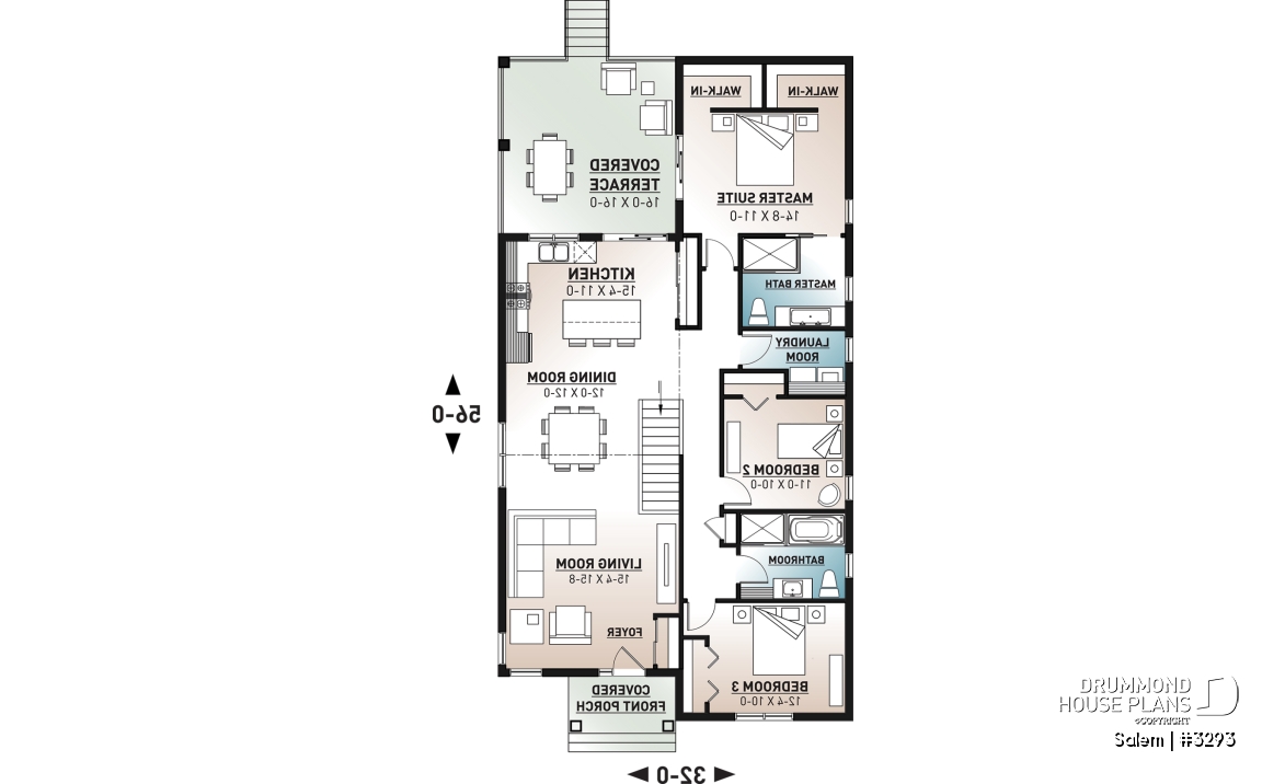 1st level - House plan for narrow lot, covered rear balcony, master suite + 2 secondary bedrooms with full bath, cathedral - Salem