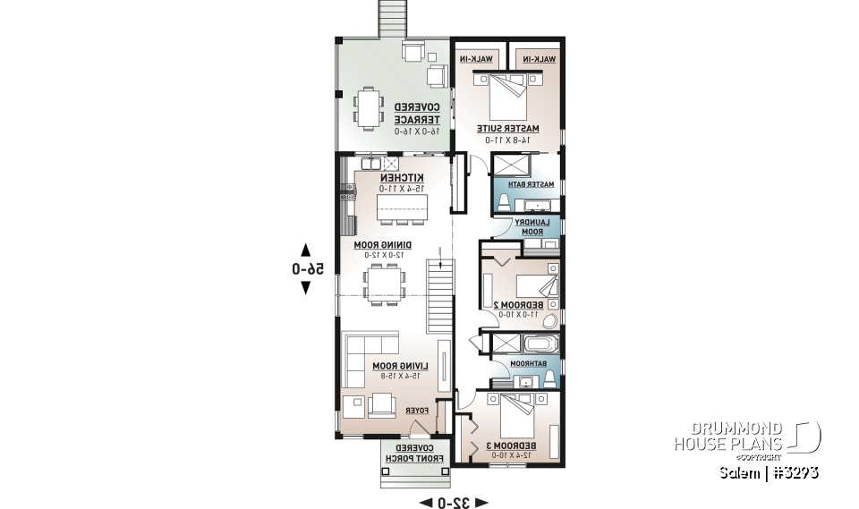 1st level - House plan for narrow lot, covered rear balcony, master suite + 2 secondary bedrooms with full bath, cathedral - Salem