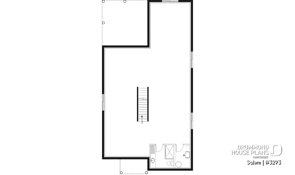 Basement - House plan for narrow lot, covered rear balcony, master suite + 2 secondary bedrooms with full bath, cathedral - Salem