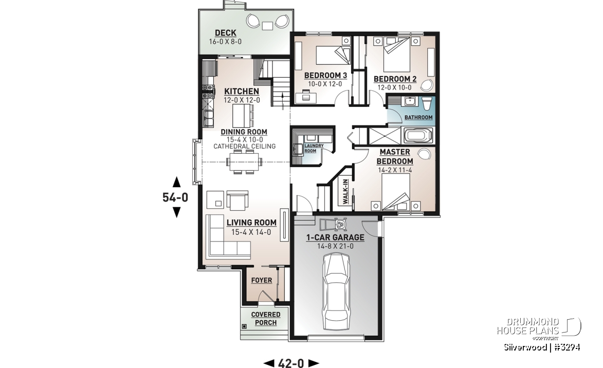 1st level - 3 bedroom one-story house plan with garage, open floor plan concept, cathedral ceiling, kitchen island - Silverwood