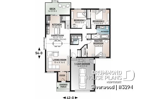 1st level - 3 bedroom one-story house plan with garage, open floor plan concept, cathedral ceiling, kitchen island - Silverwood