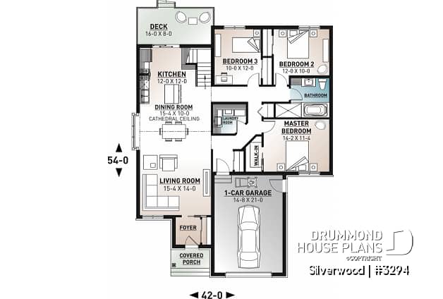 1st level - 3 bedroom one-story house plan with garage, open floor plan concept, cathedral ceiling, kitchen island - Silverwood