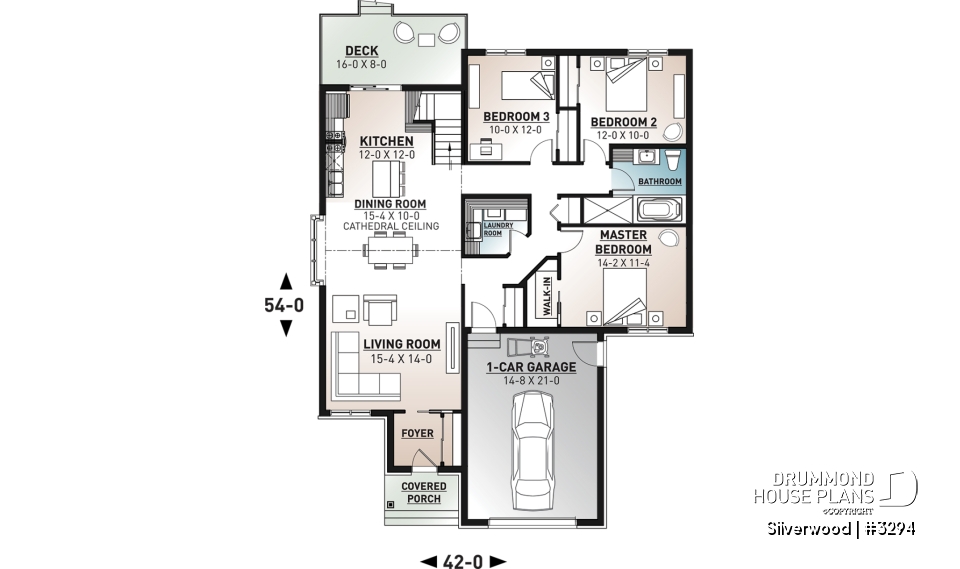 1st level - 3 bedroom one-story house plan with garage, open floor plan concept, cathedral ceiling, kitchen island - Silverwood