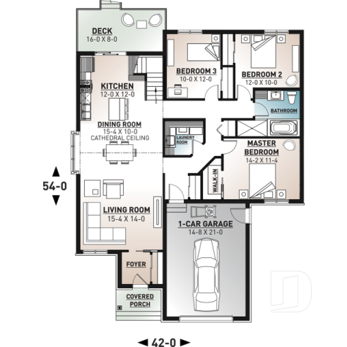 1st level - 3 bedroom one-story house plan with garage, open floor plan concept, cathedral ceiling, kitchen island - Silverwood