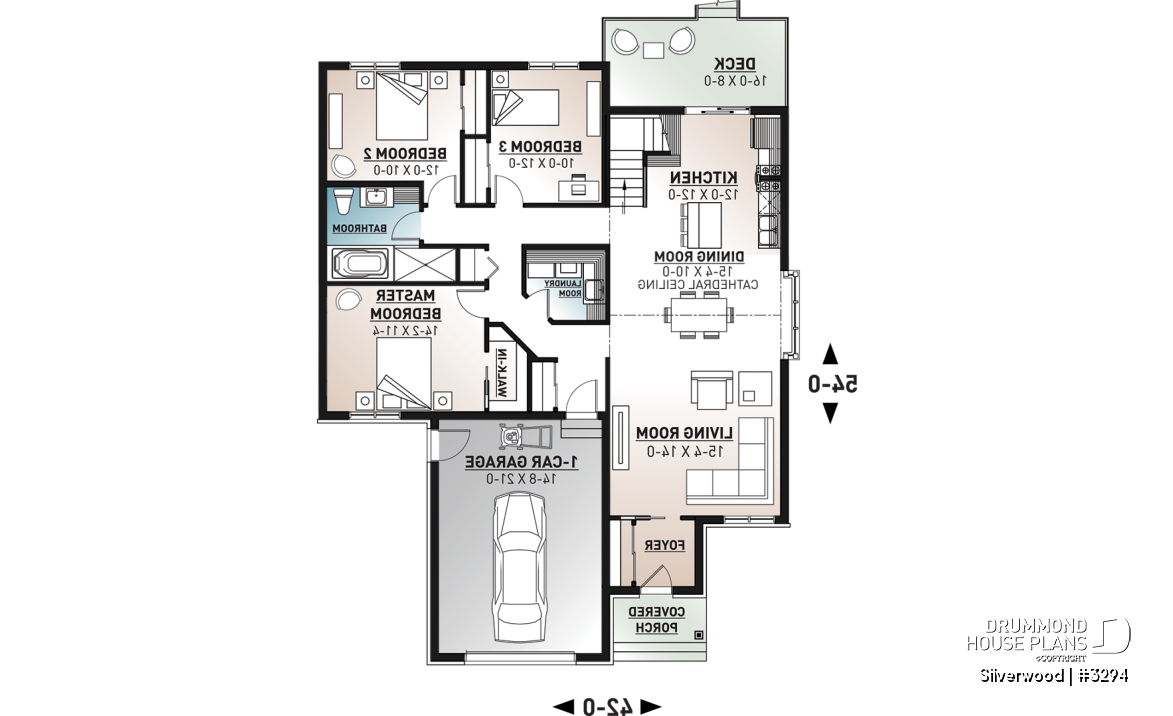 1st level - 3 bedroom one-story house plan with garage, open floor plan concept, cathedral ceiling, kitchen island - Silverwood