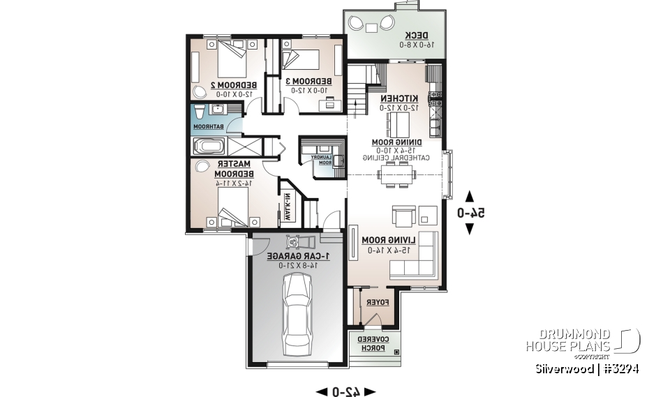 1st level - 3 bedroom one-story house plan with garage, open floor plan concept, cathedral ceiling, kitchen island - Silverwood