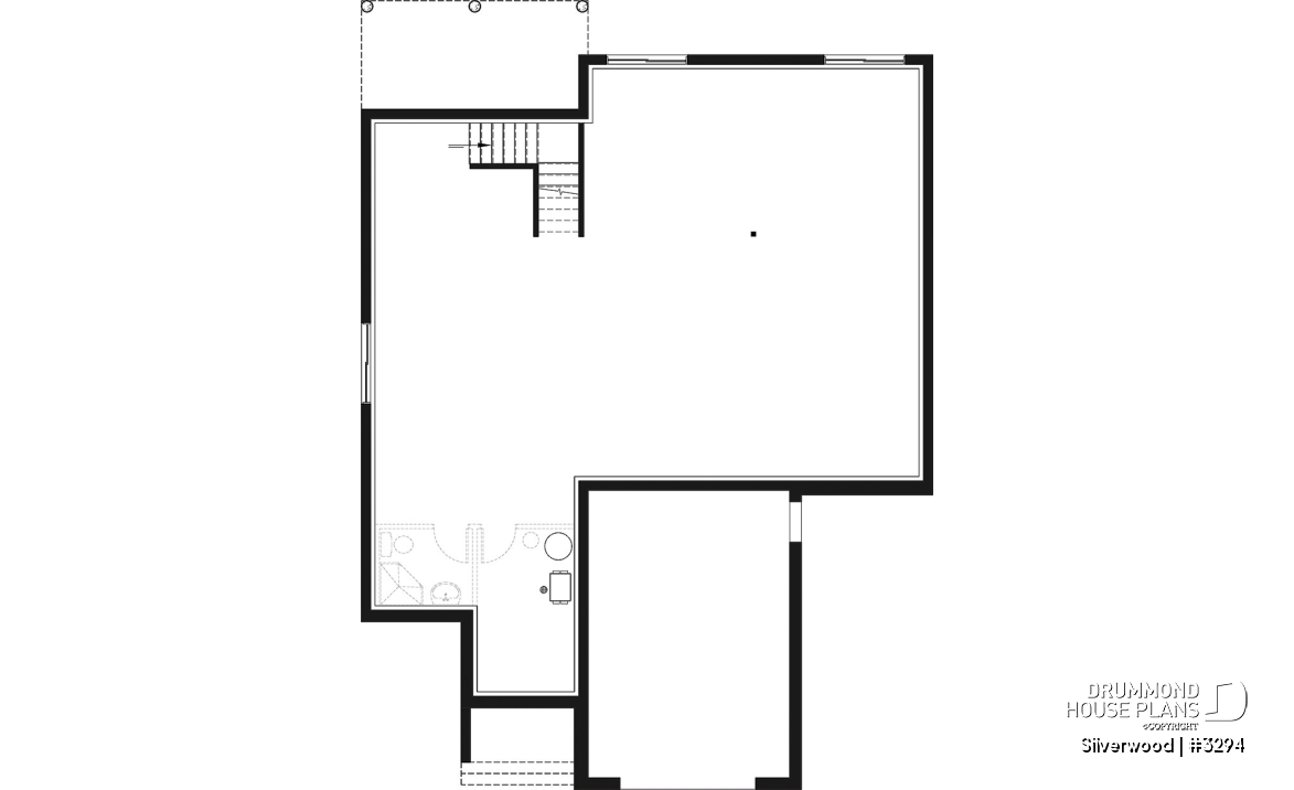 Basement - 3 bedroom one-story house plan with garage, open floor plan concept, cathedral ceiling, kitchen island - Silverwood