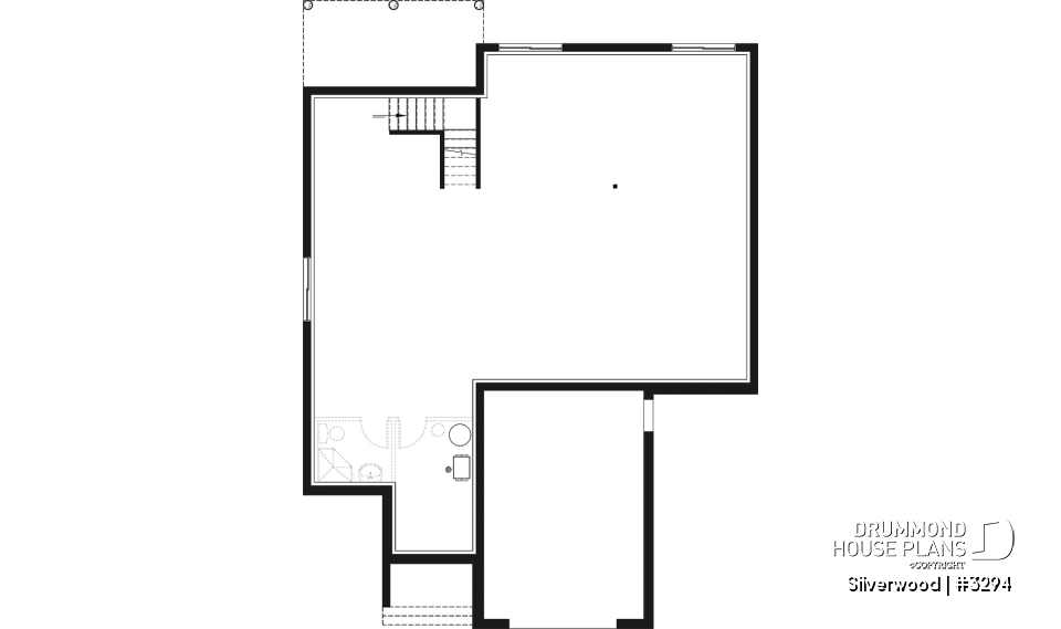 Basement - 3 bedroom one-story house plan with garage, open floor plan concept, cathedral ceiling, kitchen island - Silverwood