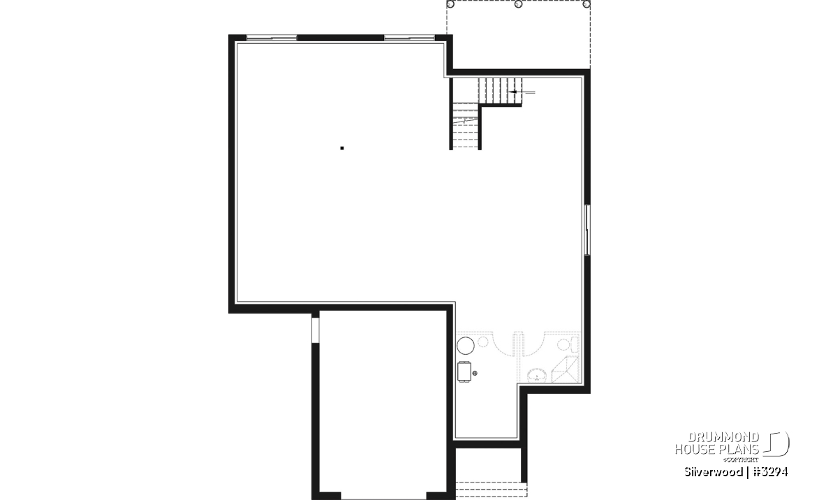 Basement - 3 bedroom one-story house plan with garage, open floor plan concept, cathedral ceiling, kitchen island - Silverwood
