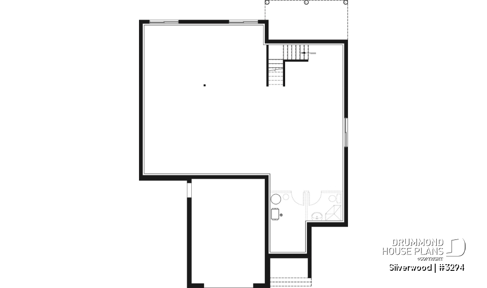 Basement - 3 bedroom one-story house plan with garage, open floor plan concept, cathedral ceiling, kitchen island - Silverwood