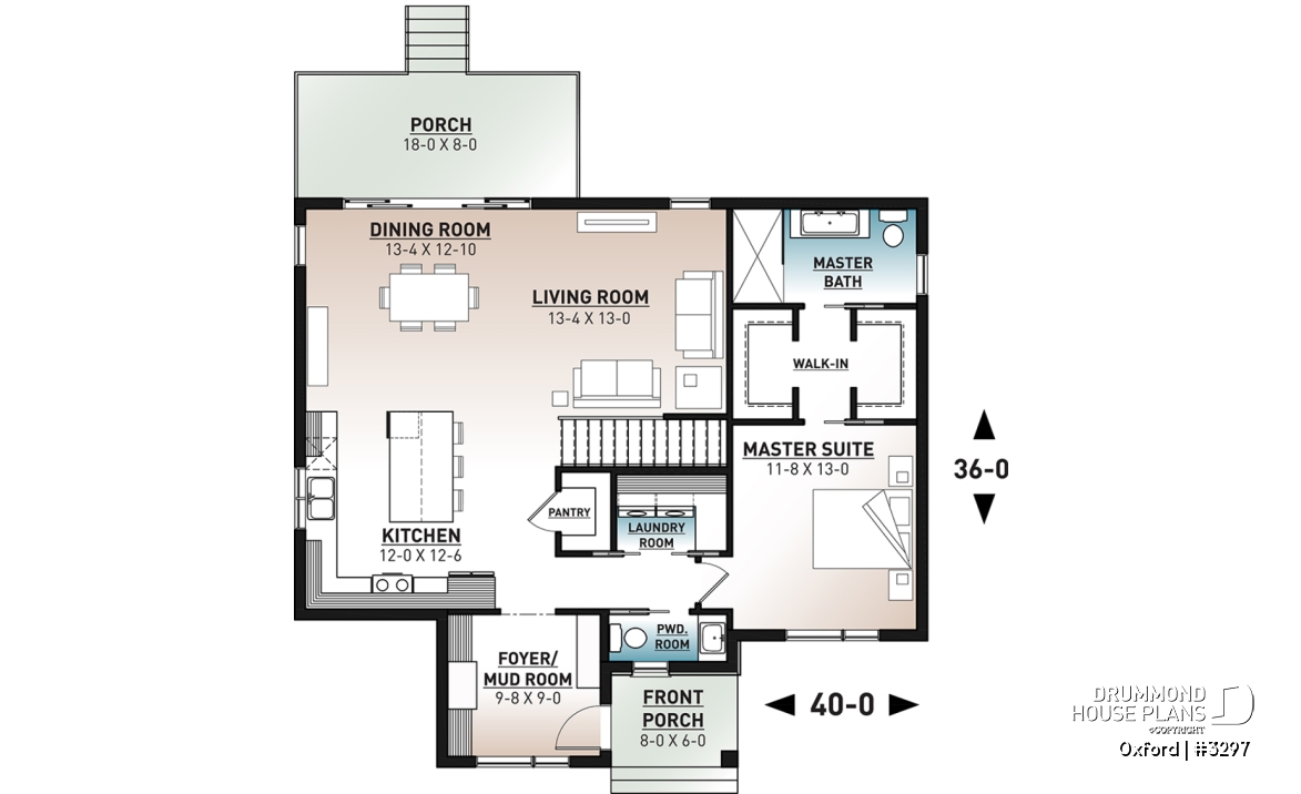 1st level - 1 bedroom modern mid-century house plan with open floor plan, economical home, unfinished daylight basement - Oxford