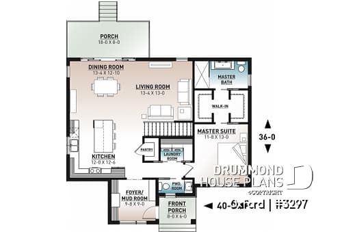 1st level - 1 bedroom modern mid-century house plan with open floor plan, economical home, unfinished daylight basement - Oxford