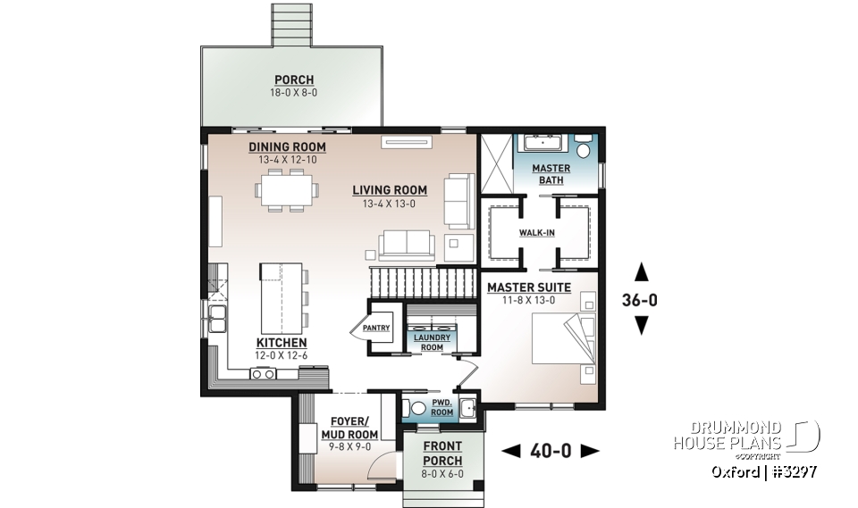 1st level - 1 bedroom modern mid-century house plan with open floor plan, economical home, unfinished daylight basement - Oxford