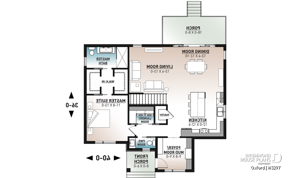 1st level - 1 bedroom modern mid-century house plan with open floor plan, economical home, unfinished daylight basement - Oxford