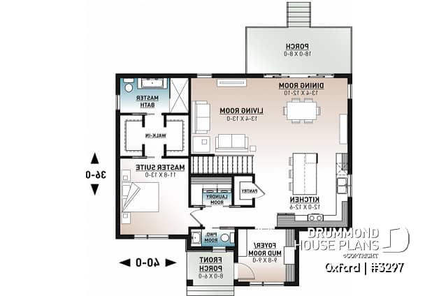 1st level - 1 bedroom modern mid-century house plan with open floor plan, economical home, unfinished daylight basement - Oxford