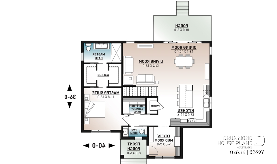 1st level - 1 bedroom modern mid-century house plan with open floor plan, economical home, unfinished daylight basement - Oxford