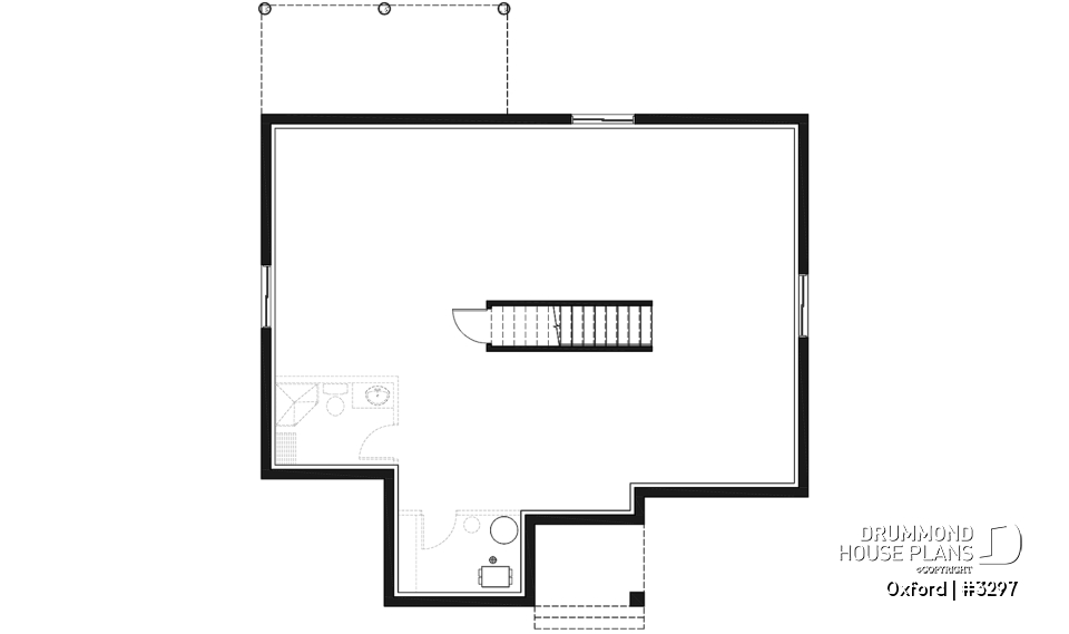 Basement - 1 bedroom modern mid-century house plan with open floor plan, economical home, unfinished daylight basement - Oxford