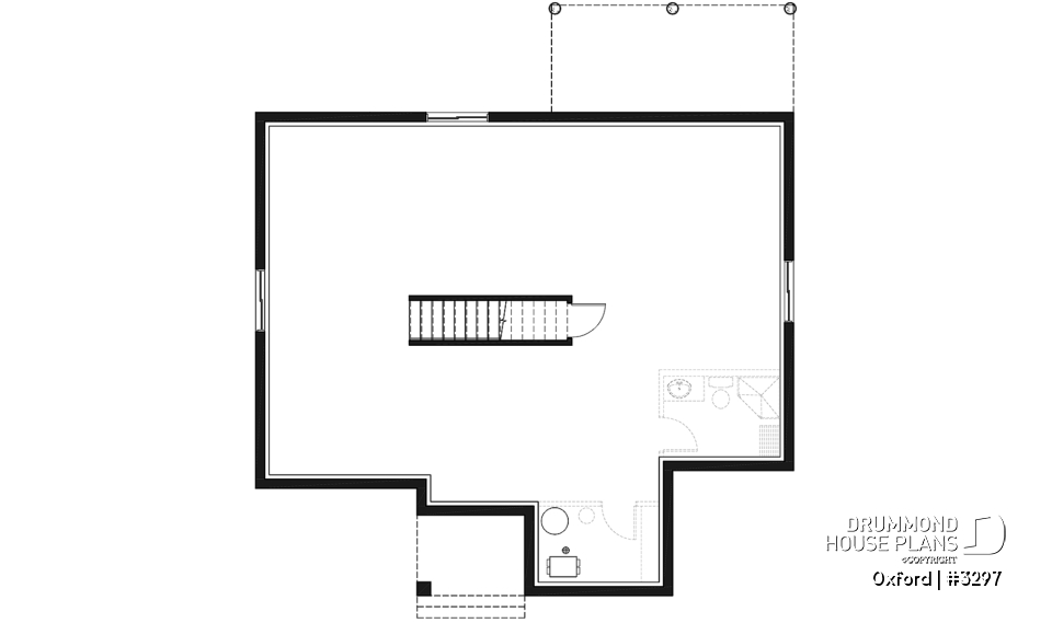 Basement - 1 bedroom modern mid-century house plan with open floor plan, economical home, unfinished daylight basement - Oxford