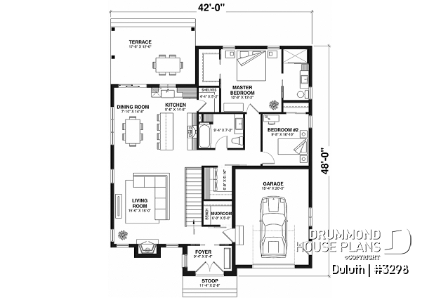 1st level - Cozy 2 beds / 2 baths farmhouse plan with 9' ceiling, pantry and laundry room on main floor - Duluth
