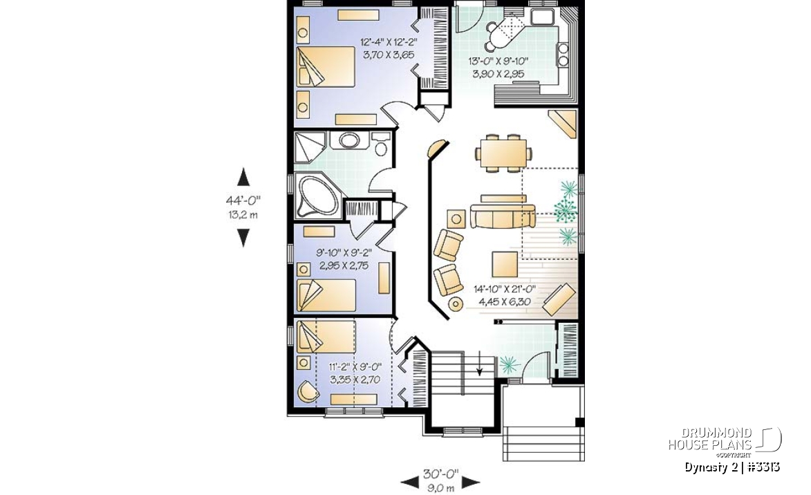1st level - Simple 3 bedroom bungalow home plan with open floor plan concept, ideal for narrow lot, unfinished basement - Dynasty 2