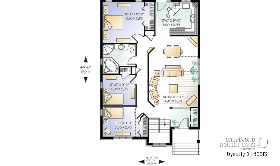 1st level - Simple 3 bedroom bungalow home plan with open floor plan concept, ideal for narrow lot, unfinished basement - Dynasty 2