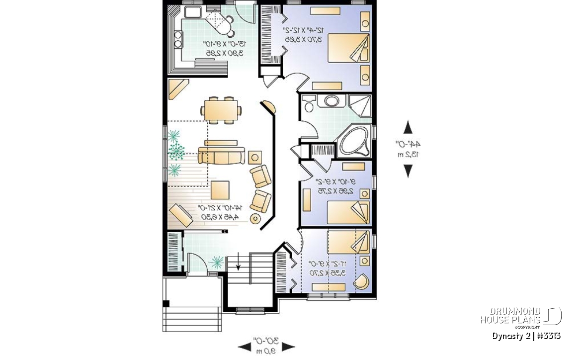 1st level - Simple 3 bedroom bungalow home plan with open floor plan concept, ideal for narrow lot, unfinished basement - Dynasty 2