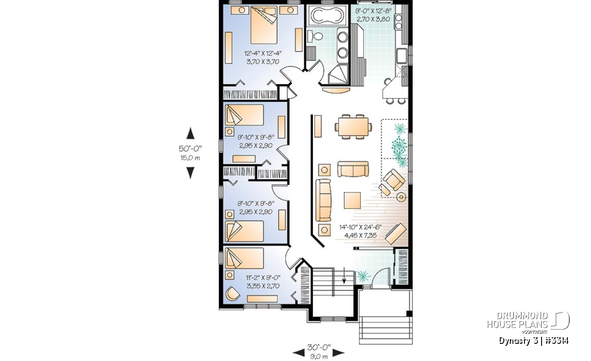 1st level - Affordable, Simple four bedroom bungalow house plan, ideal for narrow lot, open floor plan - Dynasty 3