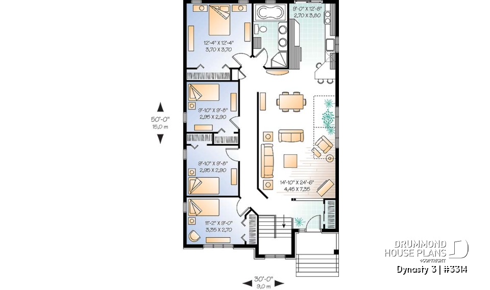 1st level - Affordable, Simple four bedroom bungalow house plan, ideal for narrow lot, open floor plan - Dynasty 3