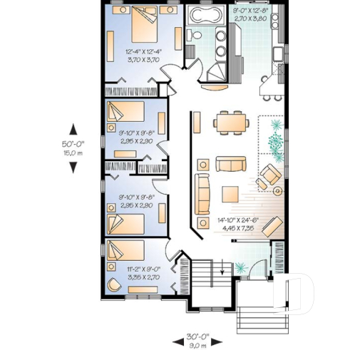 1st level - Affordable, Simple four bedroom bungalow house plan, ideal for narrow lot, open floor plan - Dynasty 3