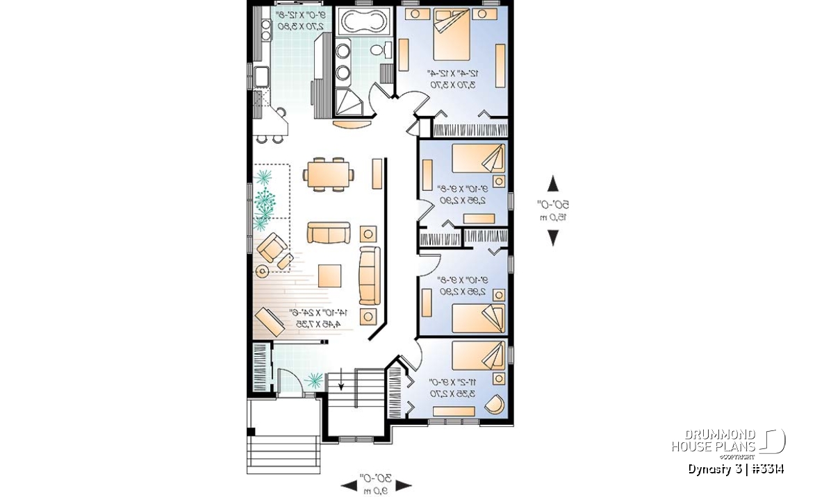 1st level - Affordable, Simple four bedroom bungalow house plan, ideal for narrow lot, open floor plan - Dynasty 3
