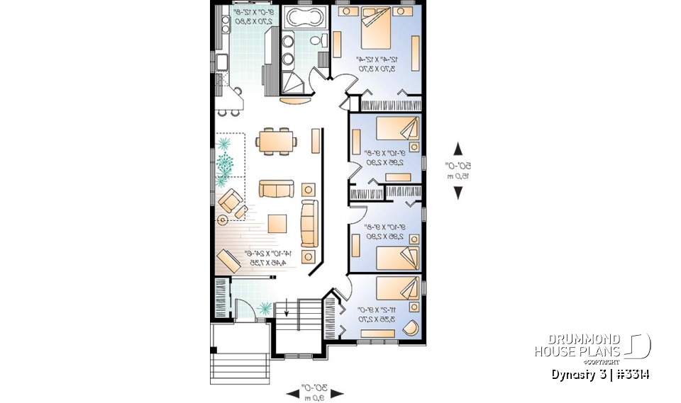 1st level - Affordable, Simple four bedroom bungalow house plan, ideal for narrow lot, open floor plan - Dynasty 3