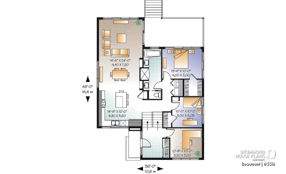 1st level - Contemporary 2 to 3 bedroom bungalow house plan, home office, large covered rear deck - Beaumont
