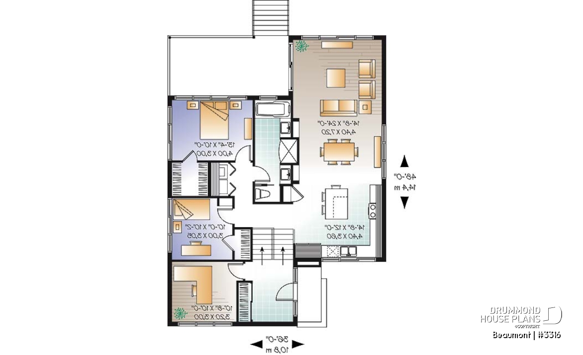 1st level - Contemporary 2 to 3 bedroom bungalow house plan, home office, large covered rear deck - Beaumont