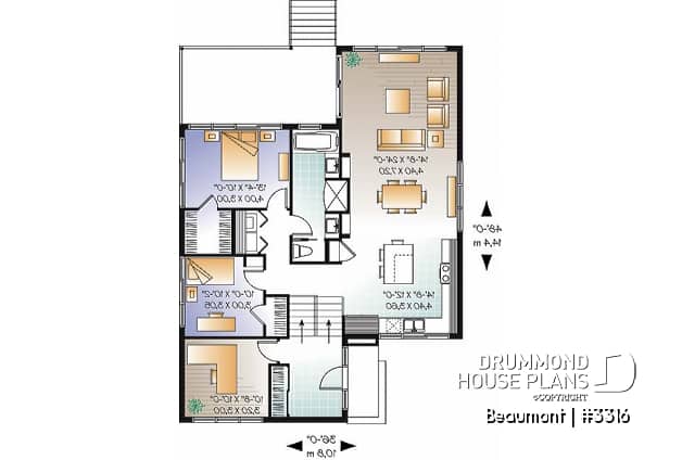 1st level - Contemporary 2 to 3 bedroom bungalow house plan, home office, large covered rear deck - Beaumont