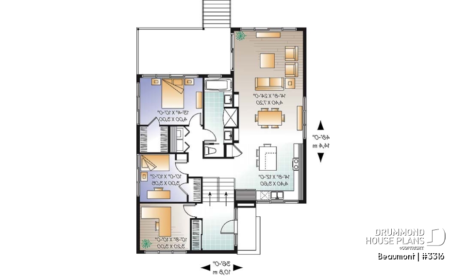 1st level - Contemporary 2 to 3 bedroom bungalow house plan, home office, large covered rear deck - Beaumont